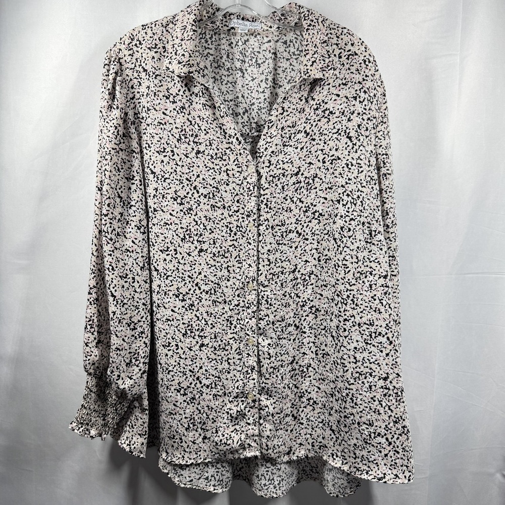 Ophelia Roe Blouse‎ Womens 1X Black White Pink Abstract Long Sleeve Button Shirt